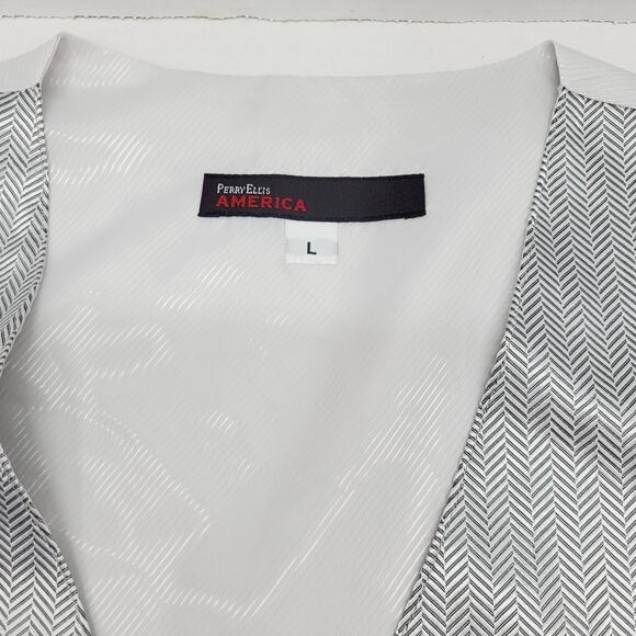 Men's Silver Grey Tuxedo Vest Herringbone Pattern Formal Prom Large Perry Ellis - Picture 4 of 7